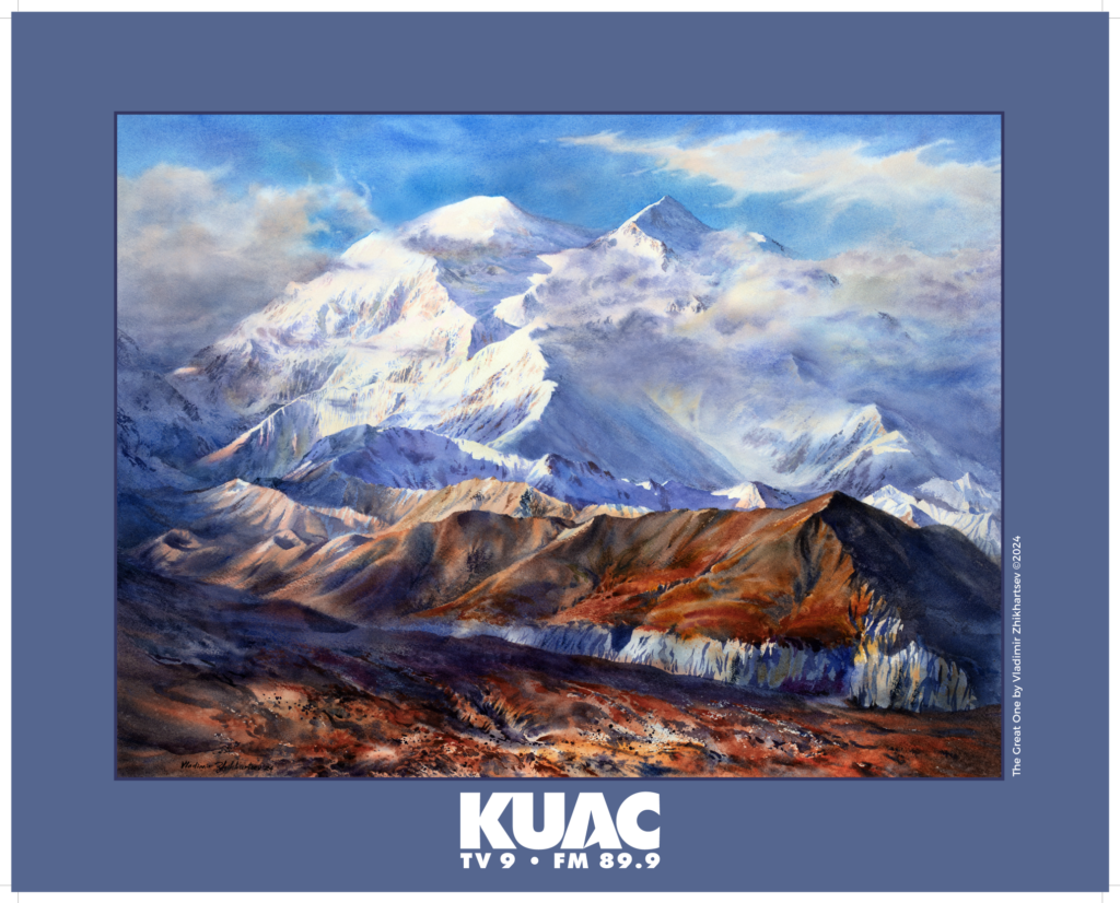 a KUAC poster containing a watercolor painting of Denali
